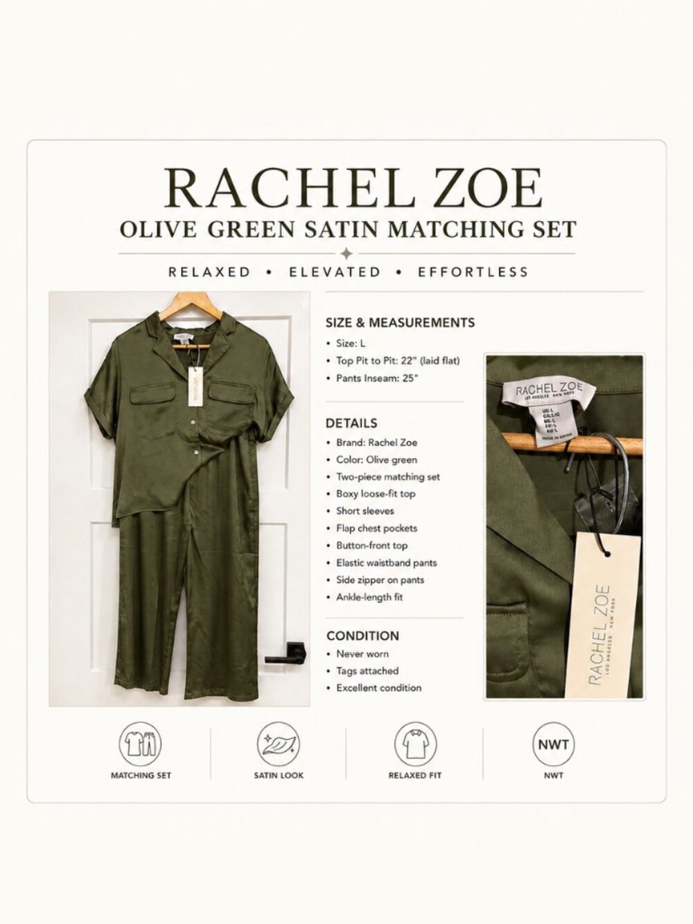 Rachel Zoe Olive Green Satin Matching Set Size L NWT